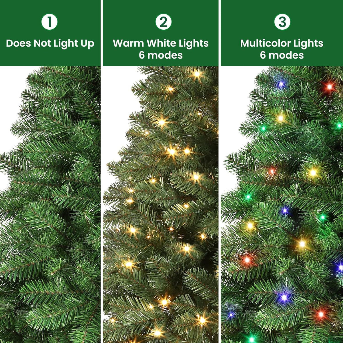 Three-way tree-lighting comparison showing lights off, warm white and multicolor effects.