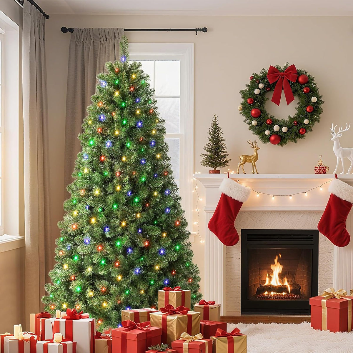 Green spruce Christmas tree with multicolor lights beside a decorated mantel.