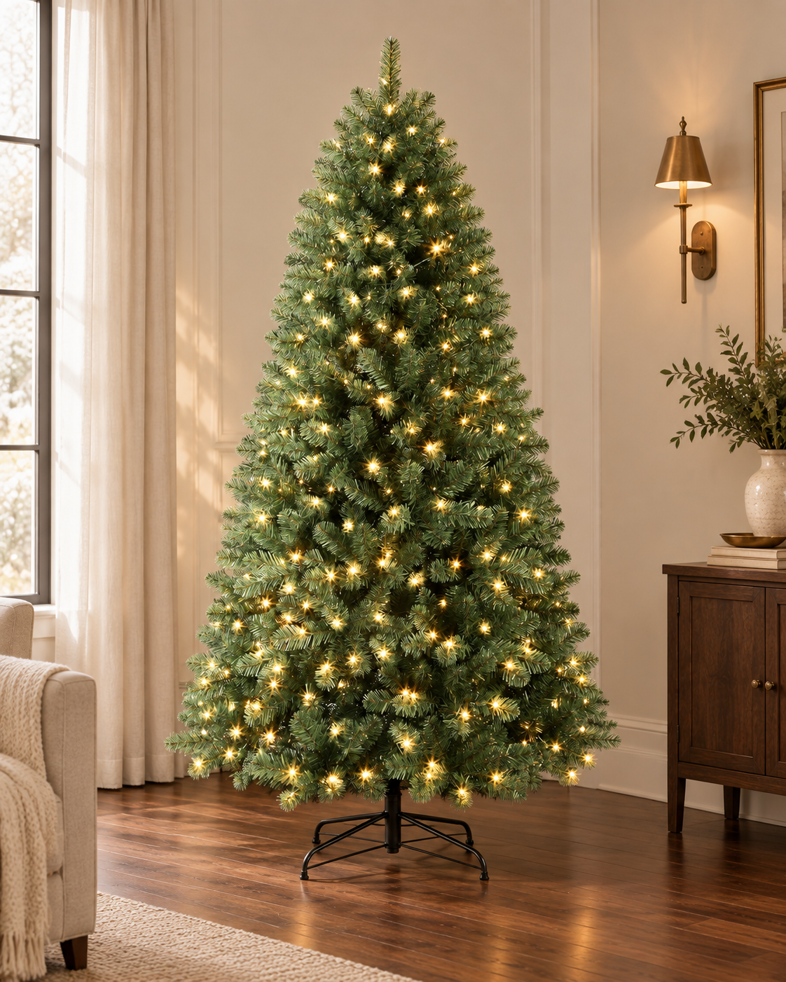 AI-generated styling image of the DRNEWI 7 ft green classic spruce tree in warm-white lighting mode, in an ivory and walnut room. Based on this product's original images; furnishings are styling props and are not included.