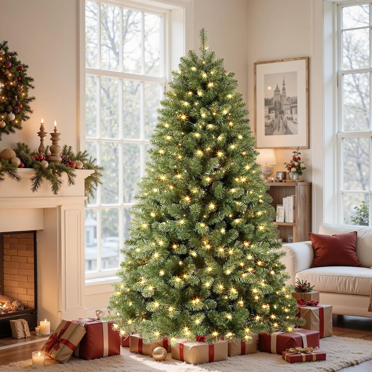 Green classic spruce Christmas tree with warm white lights beside tall living-room windows.