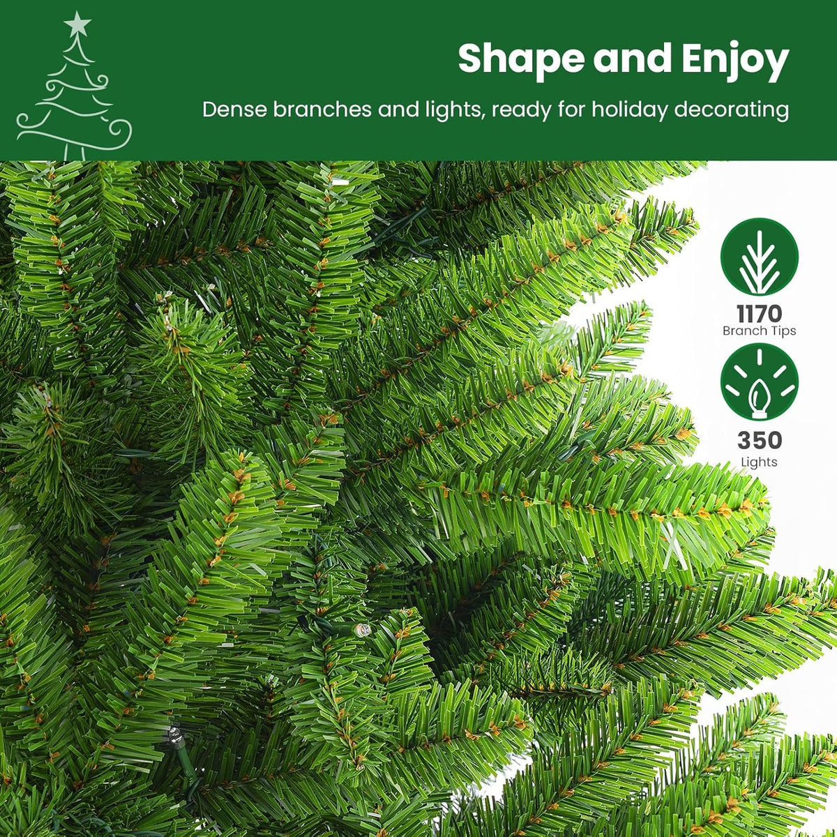 Close-up of green spruce branches with product labels for 1,170 branch tips and 350 lights.