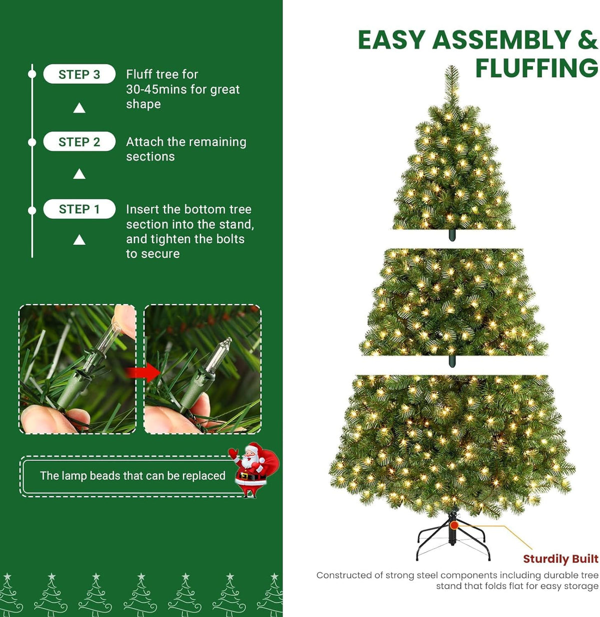 Assembly illustration showing three green tree sections, the stand and branch-shaping steps.