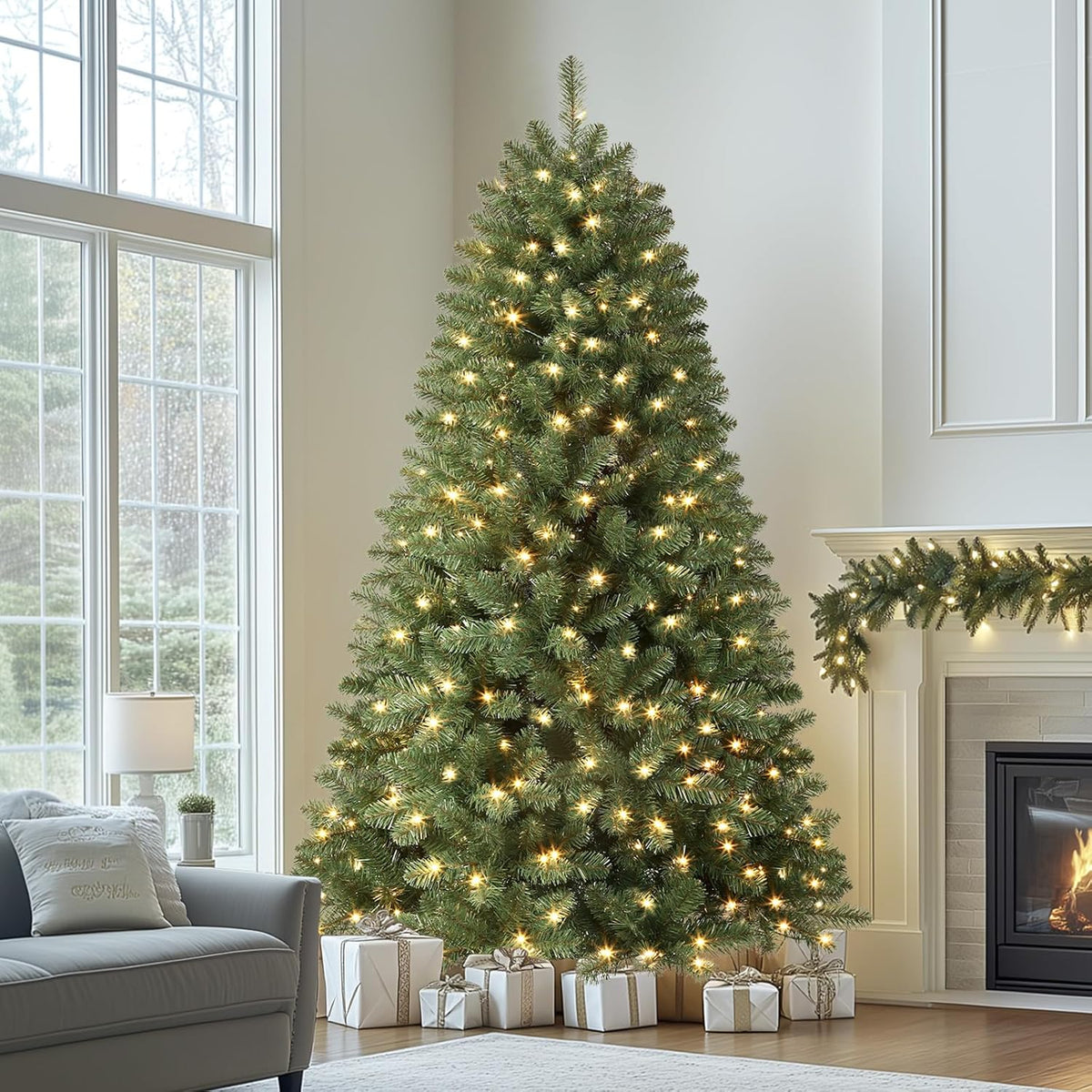 Green classic spruce tree with warm white lights beside a window and armchair.
