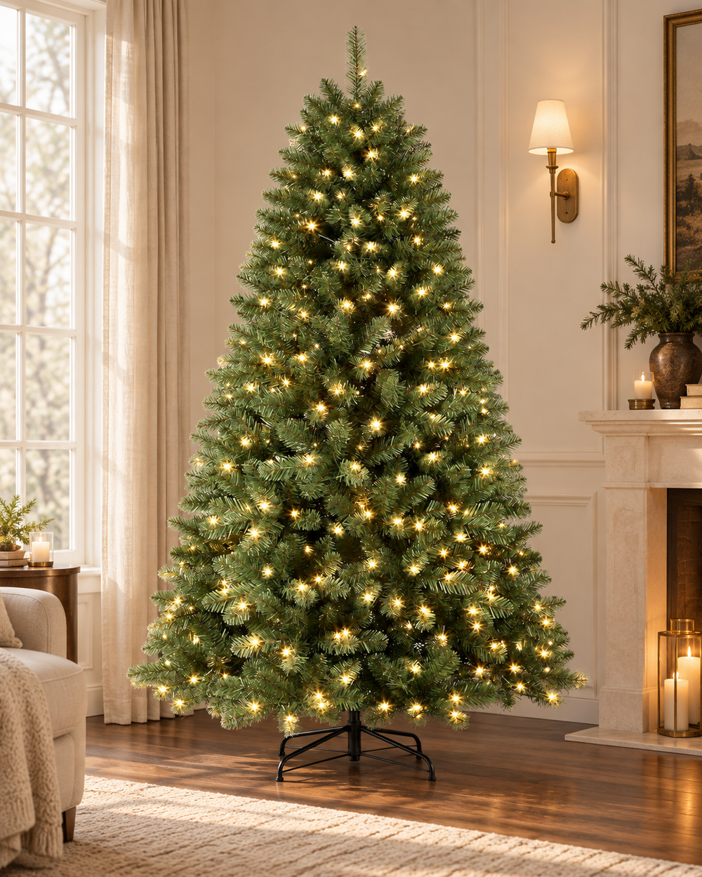 AI-generated styling image of the DRNEWI 7.5 ft green classic spruce tree in warm-white lighting mode, in an ivory and walnut room. Based on this product's original images; furnishings are styling props and are not included.