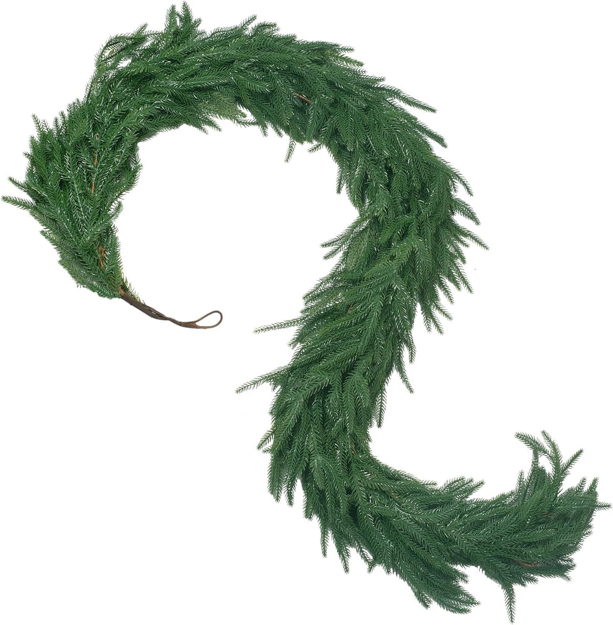 Green artificial Norfolk pine garland arranged on a white background.