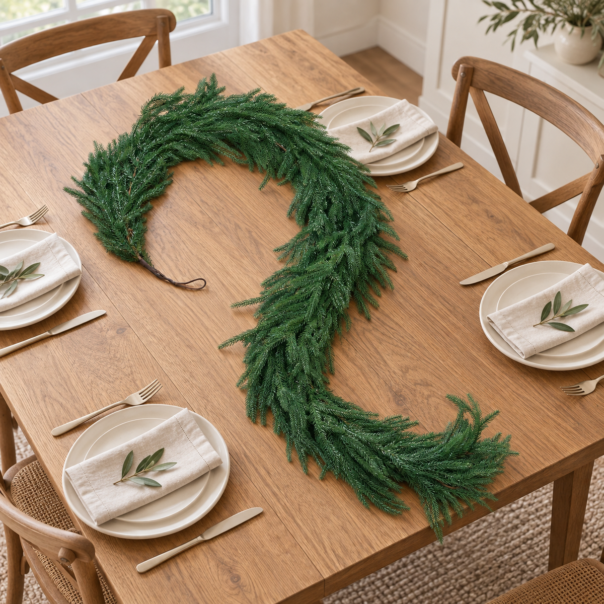 Norfolk pine garland arranged on an oak dining table with simple holiday place settings. AI-generated product styling image based on the original Amazon product image; accessories shown are styling props.