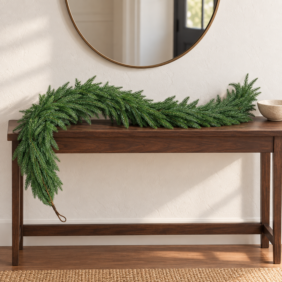 Norfolk pine garland styled along a walnut entryway console. AI-generated product styling image based on the original Amazon product image; accessories shown are styling props.