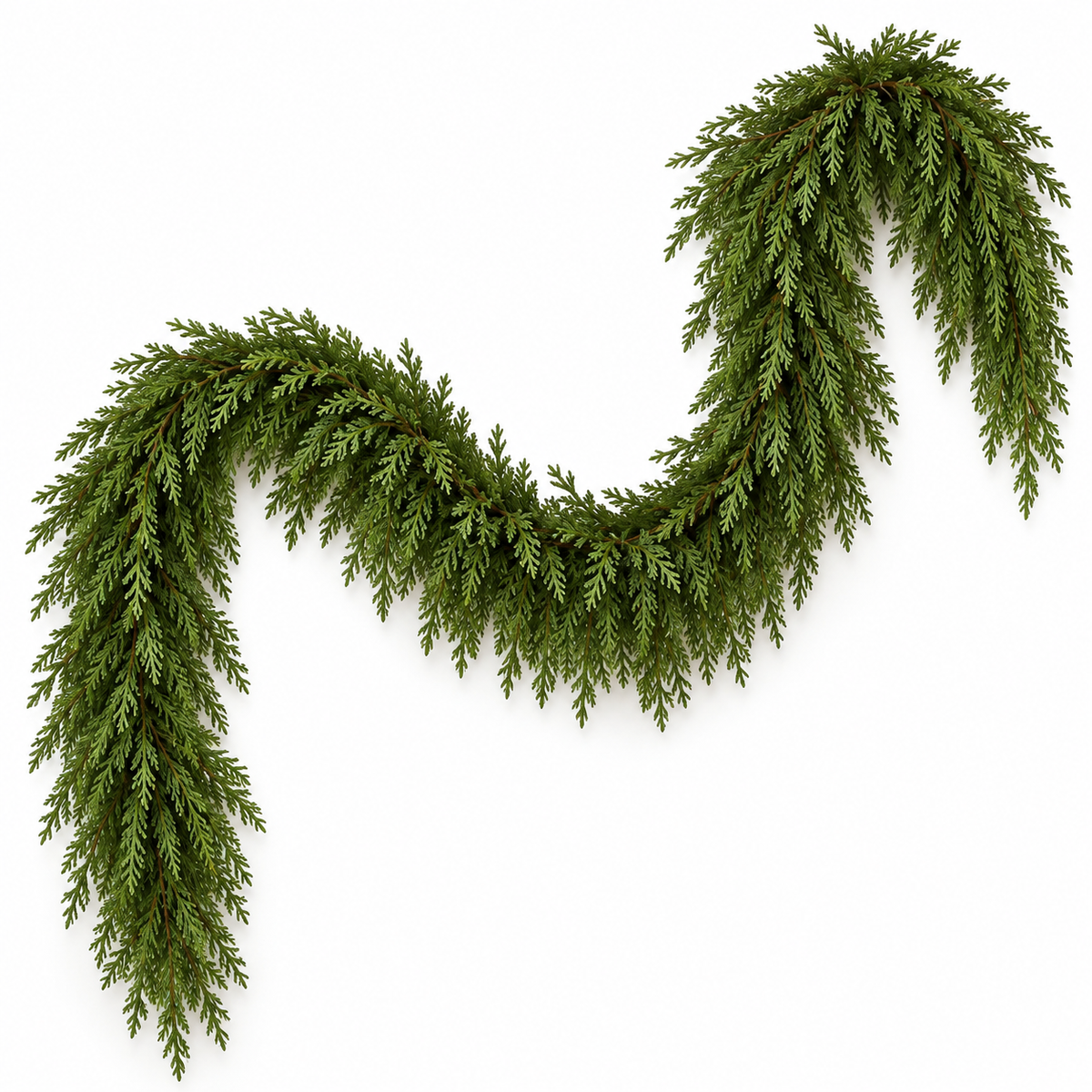 Complete artificial cedar garland arranged in a loose S on a white background. AI-generated product styling image based on the original Amazon product image; accessories shown are styling props.