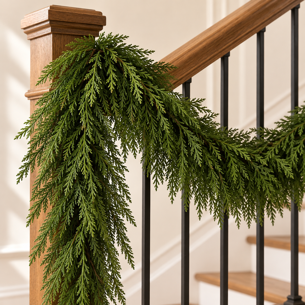 Close-up styling image of the artificial cedar garland foliage. AI-generated product styling image based on the original Amazon product image; accessories shown are styling props.
