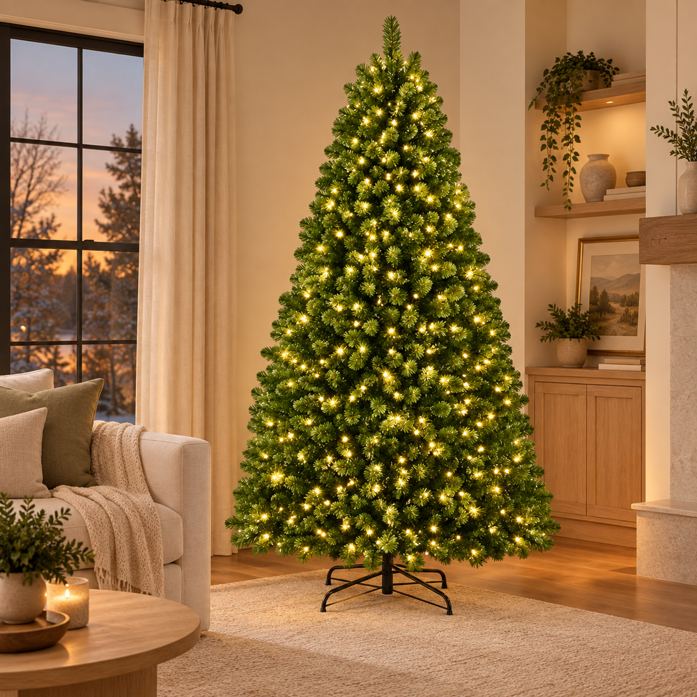 AI-generated styling illustration of the DRNEWI 7 ft green tree with warm white lights in a quiet cream living room; furnishings are not included.