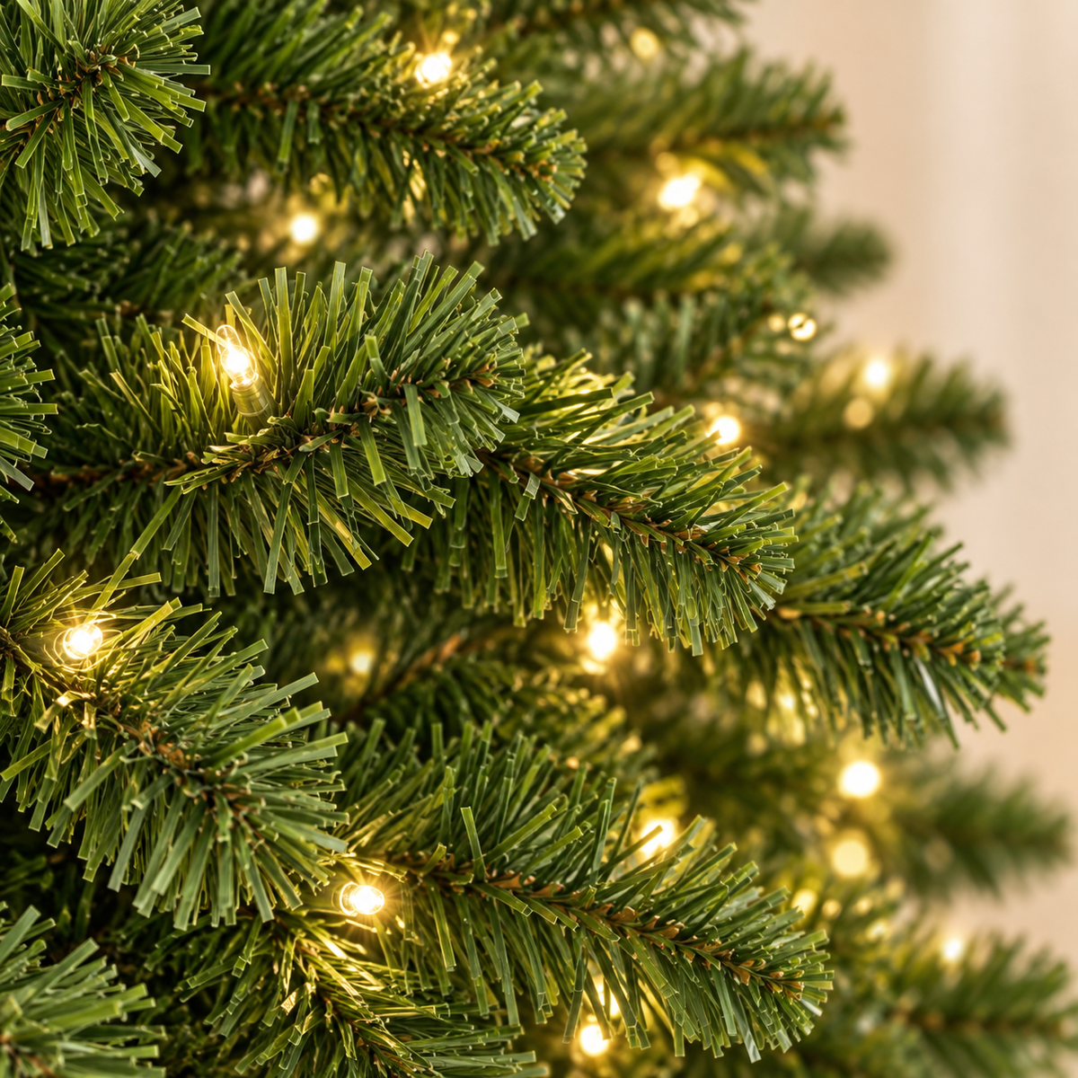 AI-generated detail illustration of the green branches and warm white lighting of the DRNEWI Christmas tree, based on the product reference.