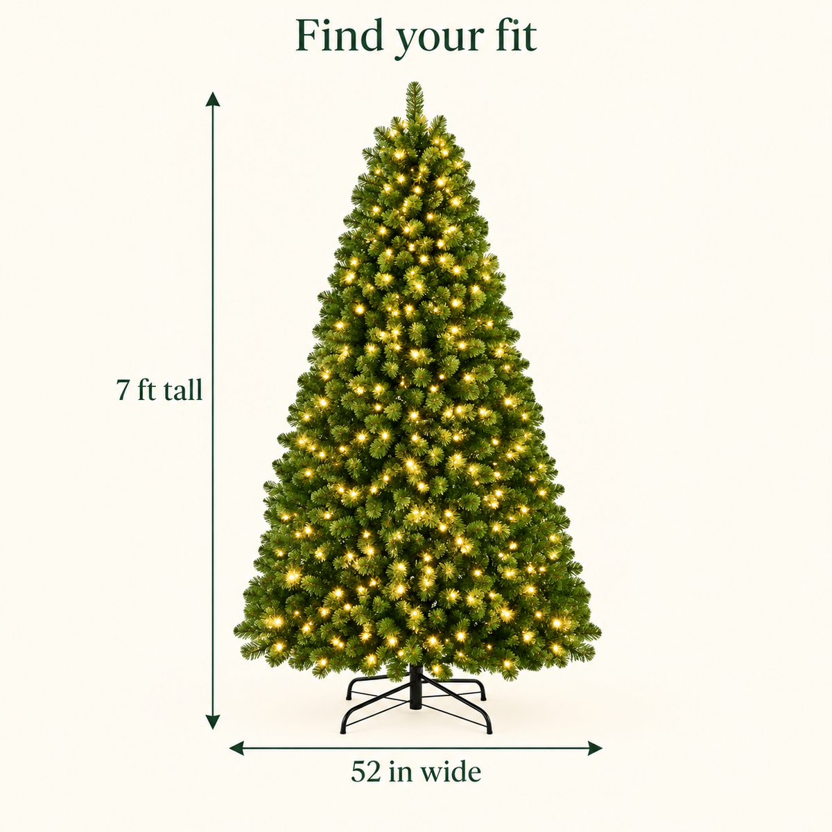 AI-generated size illustration of the DRNEWI tree, showing the confirmed 7 ft height and 52 in width; tree shaping affects the final silhouette.