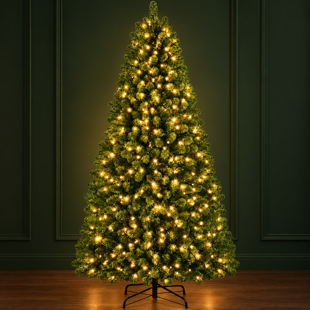 AI-generated evening styling illustration of the DRNEWI green tree with warm white lights; room furnishings are not included.