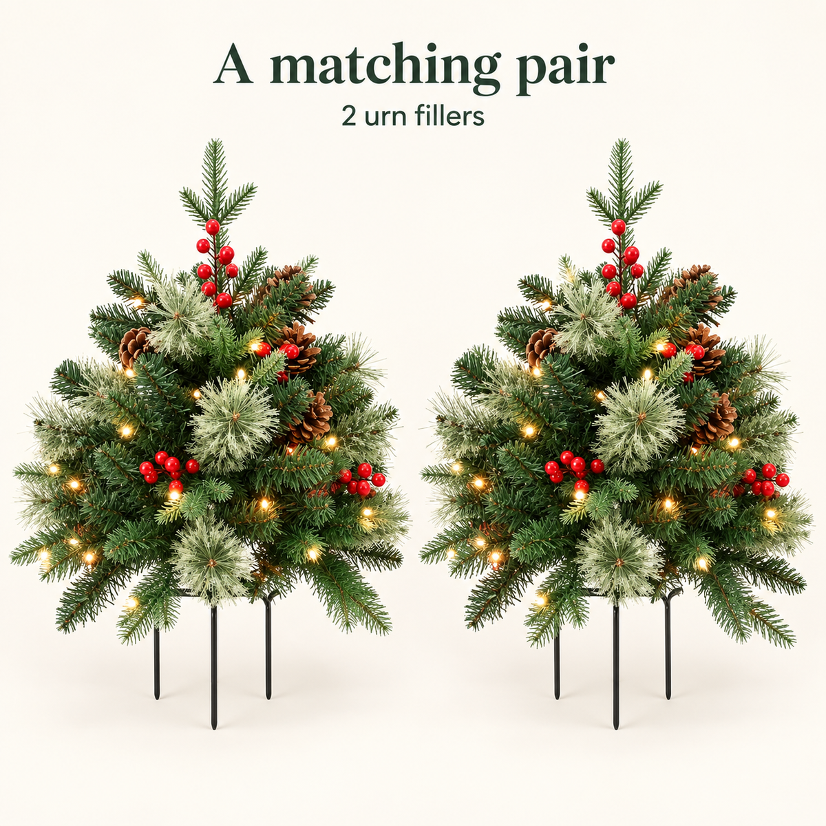 Two matching Christmas urn fillers with mounting stakes shown as a two-piece set. AI-generated pack illustration based on the original product image.
