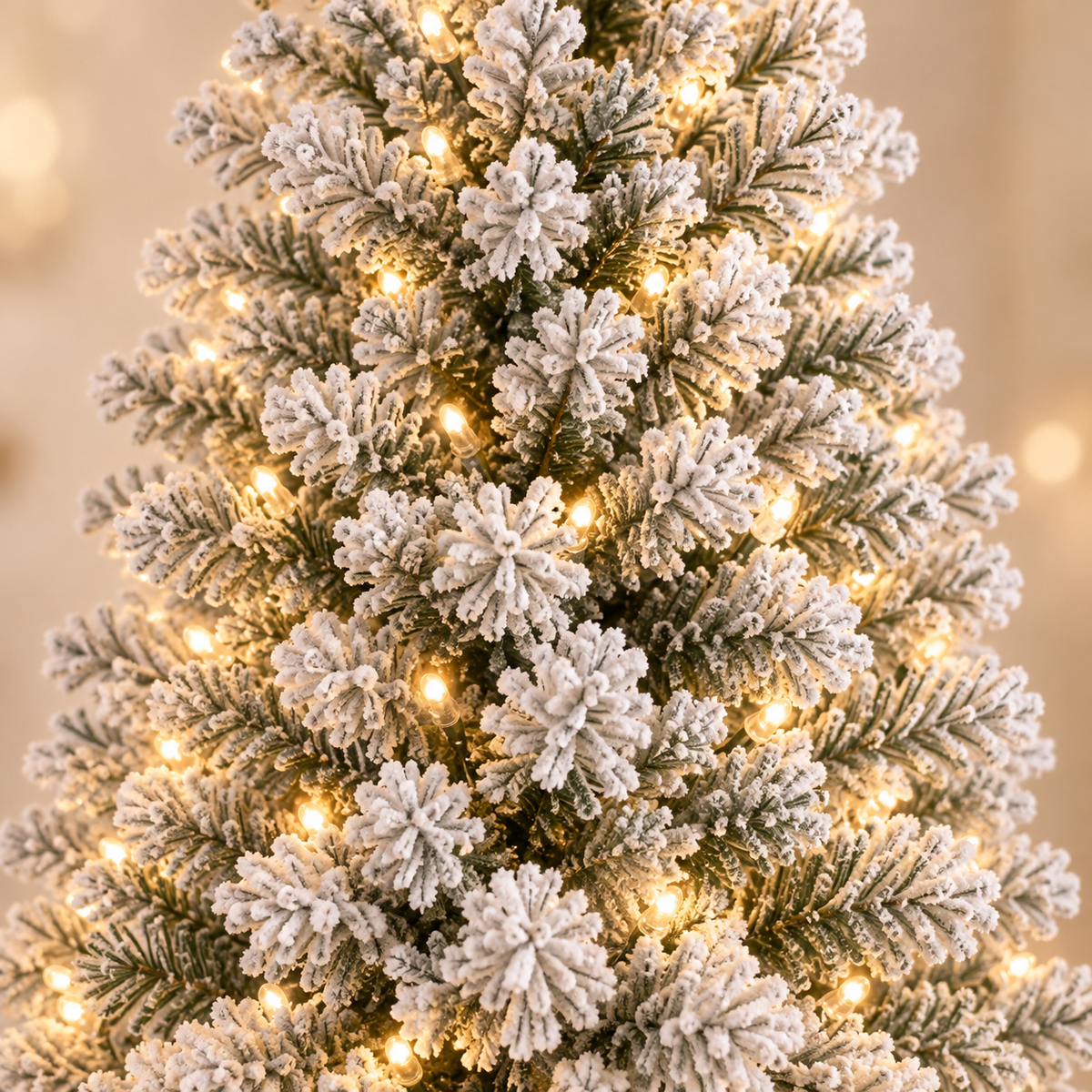 AI-generated detail illustration of the flocked branches and warm white lighting of the DRNEWI pencil tree, based on its product reference.