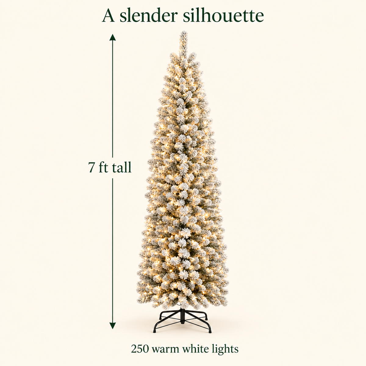 AI-generated height illustration of the DRNEWI flocked pencil tree with its confirmed 7 ft height; no width is specified.