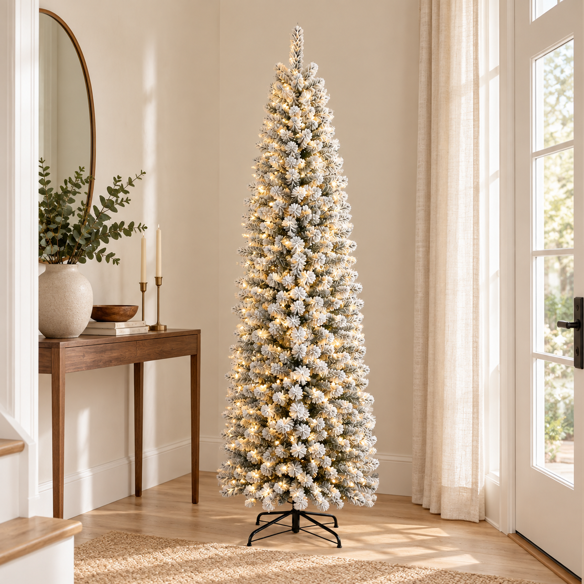 AI-generated styling illustration of the DRNEWI flocked pencil tree in a bright entryway; furnishings are not included.