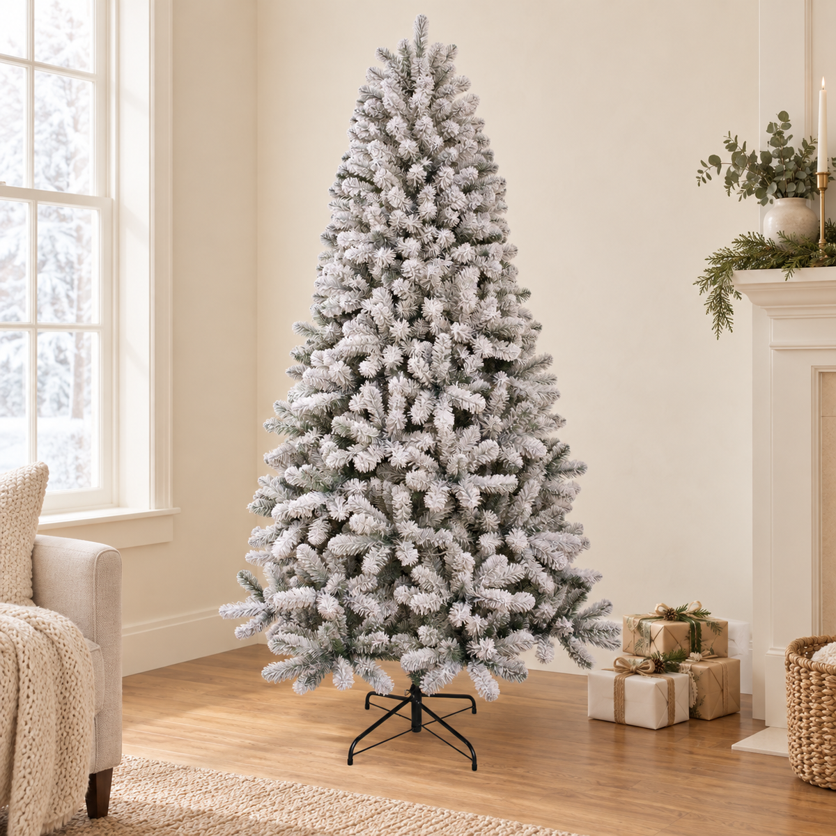 AI-generated room styling illustration of the DRNEWI 7 ft flocked Christmas tree with lights off; room accessories not included.