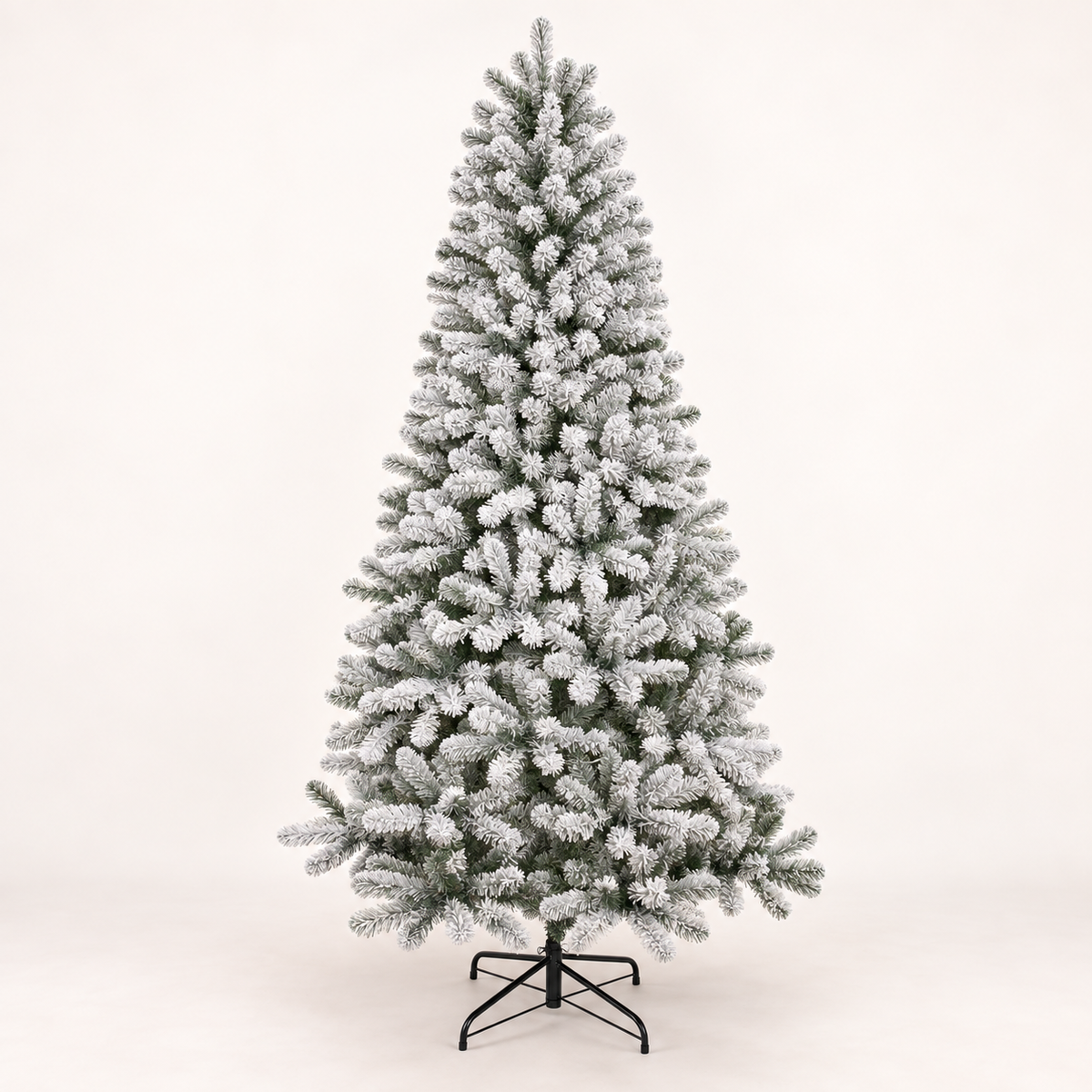 AI-generated studio illustration based on the DRNEWI 7 ft flocked Christmas tree reference, with the full tree and black stand visible and lights off.
