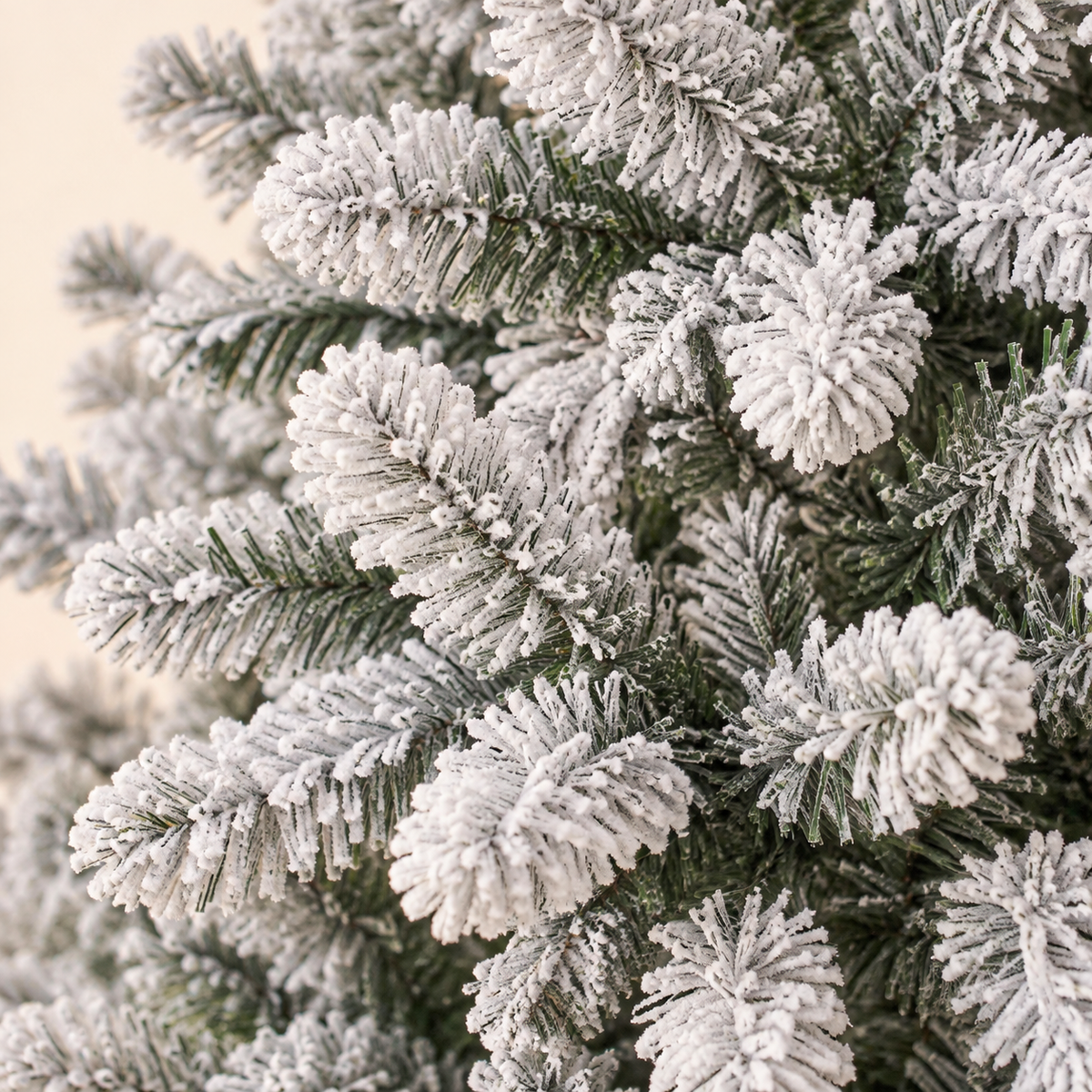 AI-generated close-up illustration of snow-flocked branches based on the DRNEWI 7 ft flocked tree product reference.