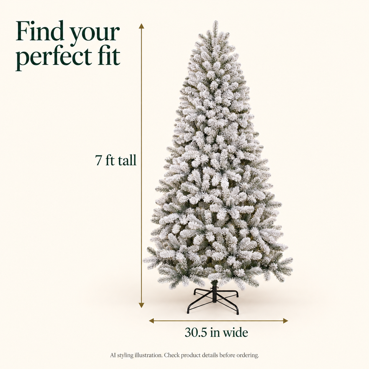 AI-generated size illustration for the DRNEWI flocked Christmas tree, showing 7 ft height and 30.5 in width; check product details before ordering.