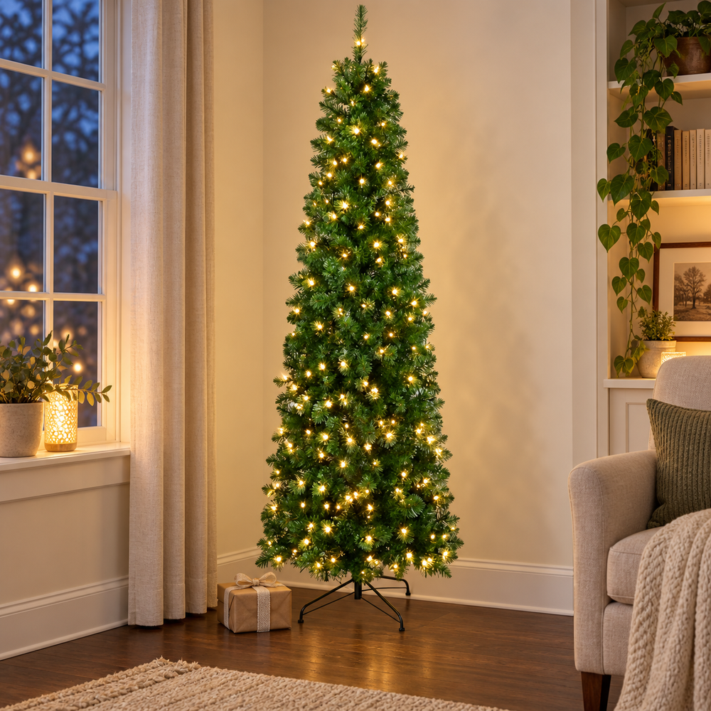 AI-generated reading-corner styling illustration of the DRNEWI 6.5 ft green pencil Christmas tree with warm white lights; room accessories not included.