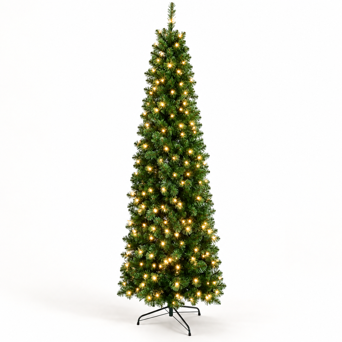AI-generated studio illustration based on the DRNEWI 6.5 ft green pencil Christmas tree, showing warm white lights and its folding stand.