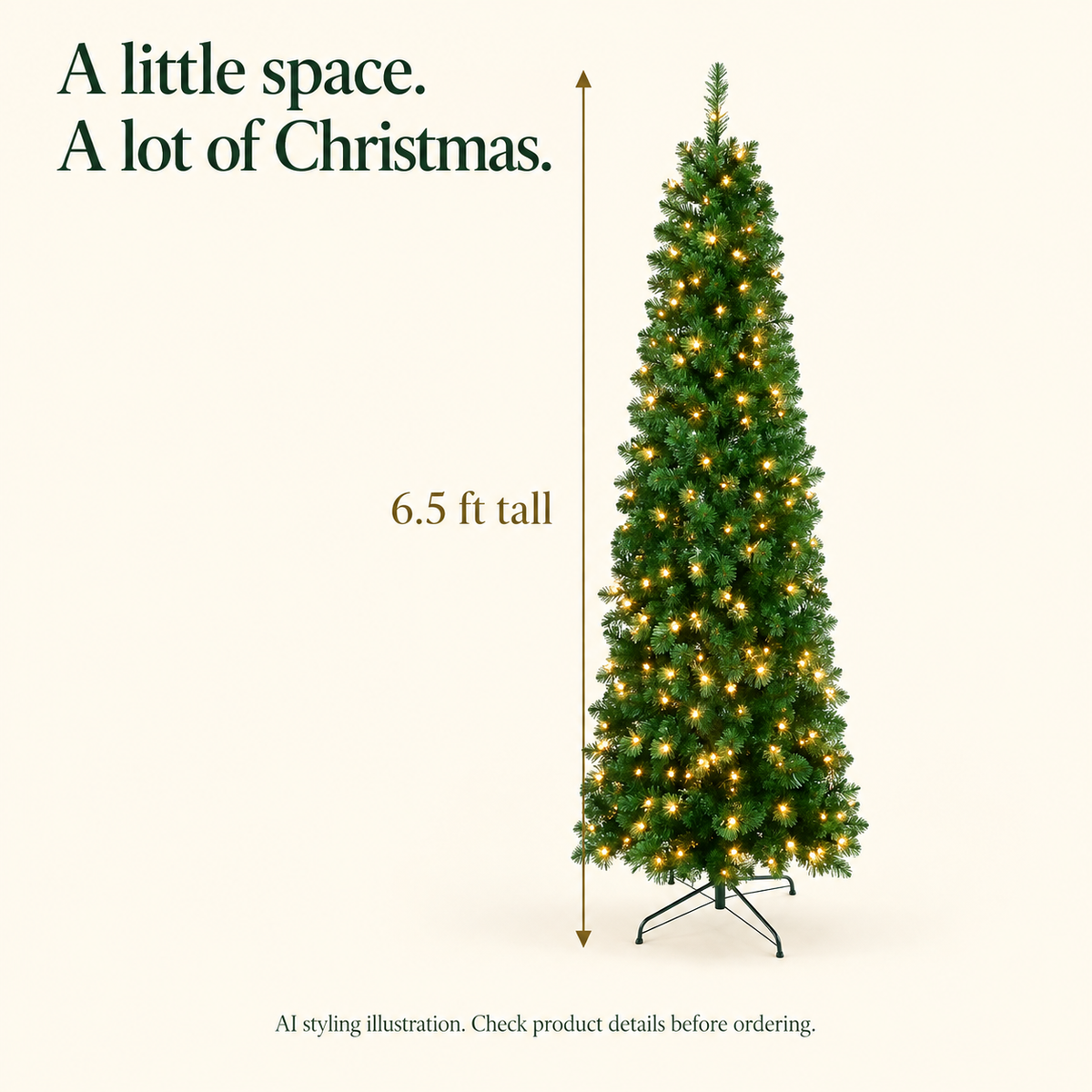 AI-generated height illustration of the DRNEWI green pencil Christmas tree, showing 6.5 ft height; check product details before ordering.