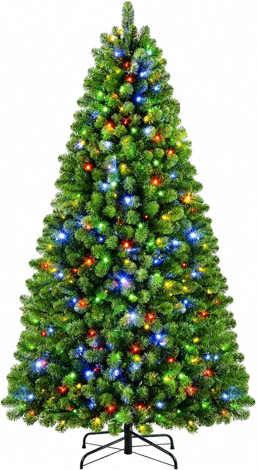 Green artificial Christmas tree with multicolor lights and a stand on a white background.