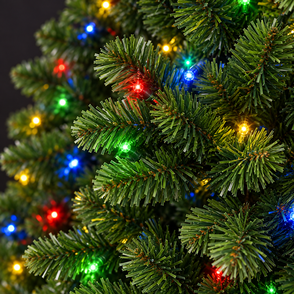 AI-generated detail illustration of the green branches and multicolor lighting of the DRNEWI remote-and-timer tree, based on its product reference.