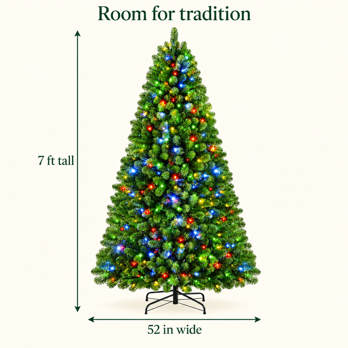 AI-generated size illustration of the DRNEWI multicolor tree with its confirmed 7 ft height and 52 in width; tree shaping affects the final silhouette.