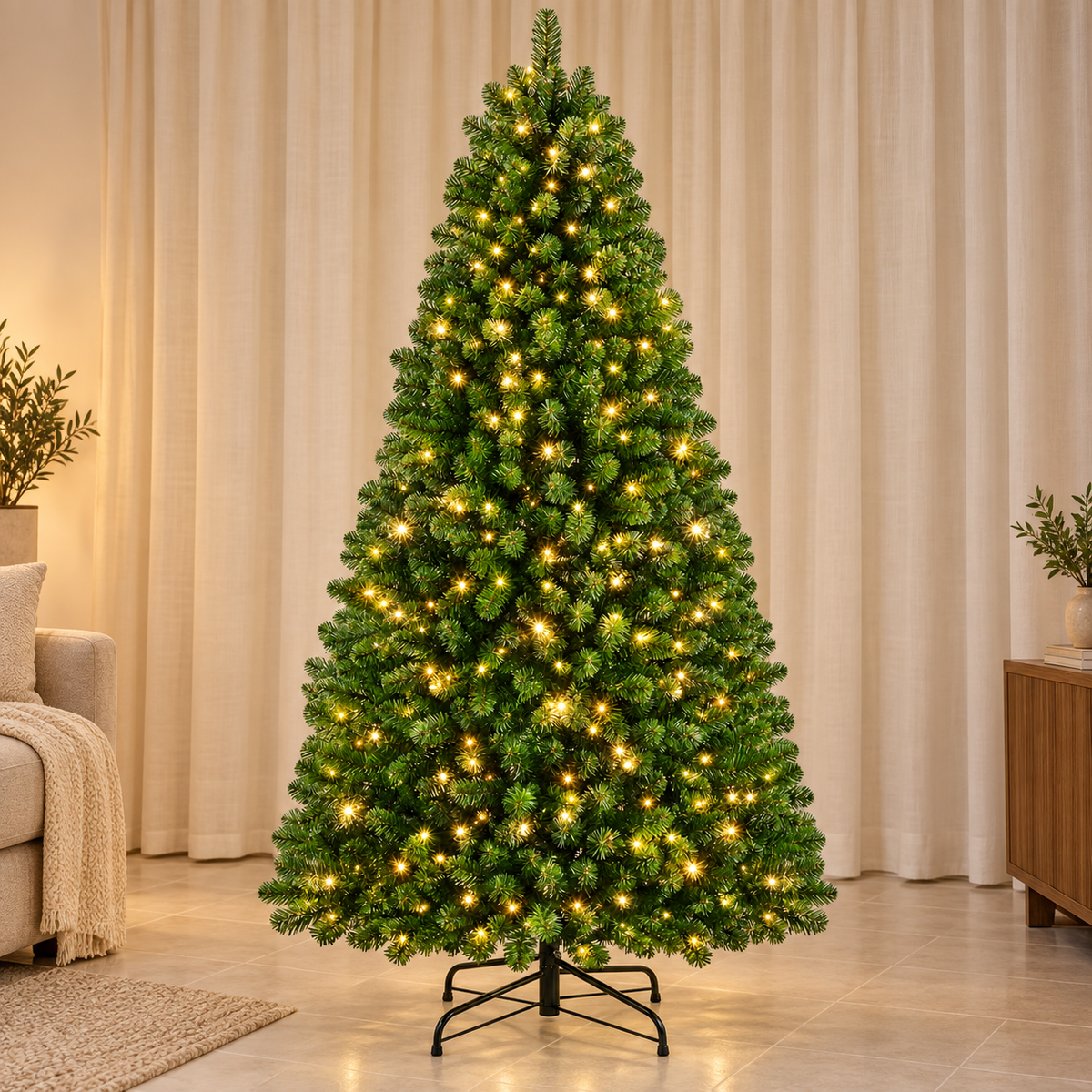AI-generated styling illustration of the DRNEWI dual-color LED tree in warm white lighting mode; background furnishings are not included.