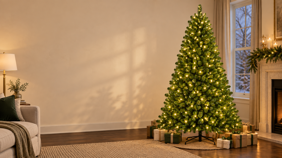 DRNEWI styling scene. A green pre-lit Christmas tree glowing in warm-white mode in an ivory living room, styled with gifts. AI-generated lifestyle scene based on the product image; accessories shown for styling.