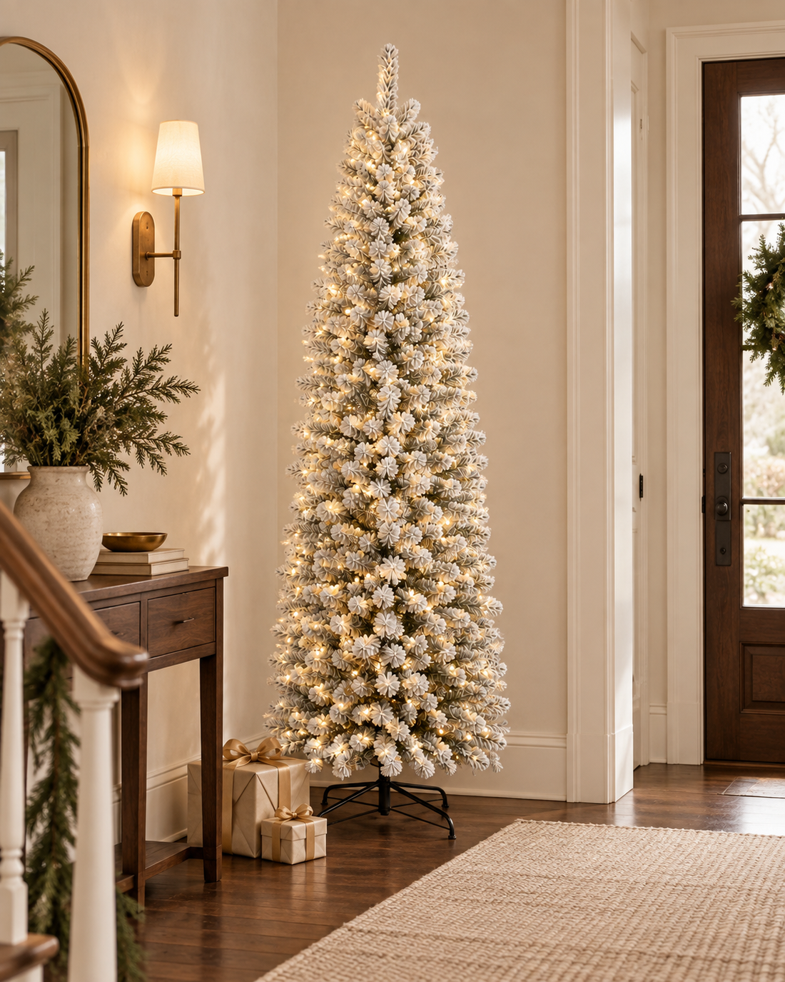 DRNEWI styling scene. A slim snow-flocked Christmas tree with warm-white lights in a warm ivory entryway. AI-generated lifestyle scene based on the product image; accessories shown for styling.