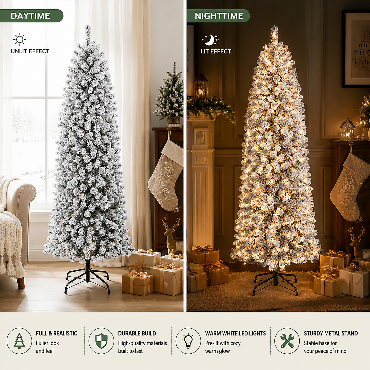 DRNEWI 4.5ft Prelit Snow Flocked Artificial Pencil Christmas Tree with Warm White Lights, Full Branch Tips, Perfect Choice Decoration for Xmas Holiday